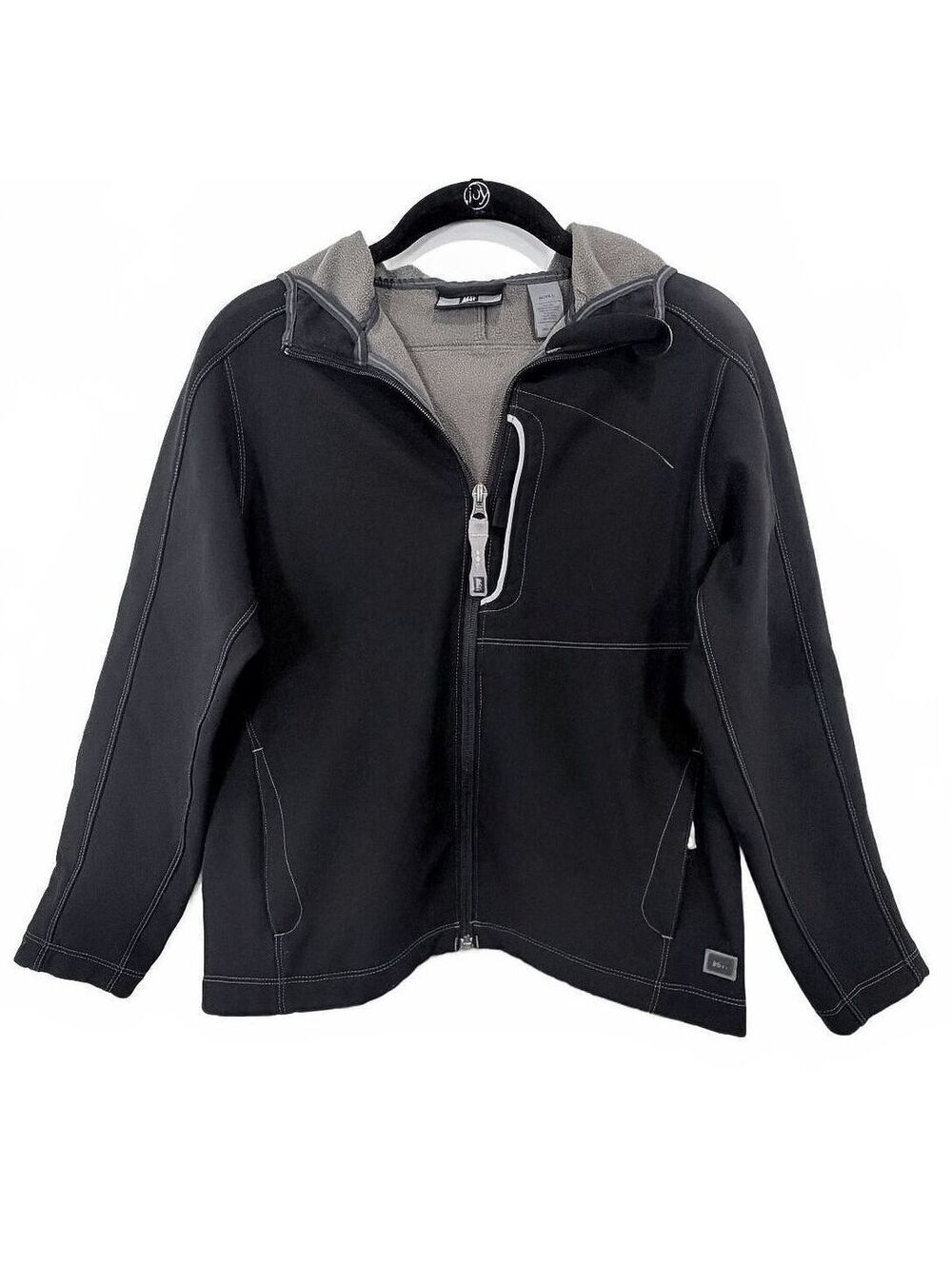 REI Co-op Boys Large 14/16 Softshell Hooded Fleece Jacket Black Grey Zip Pocket